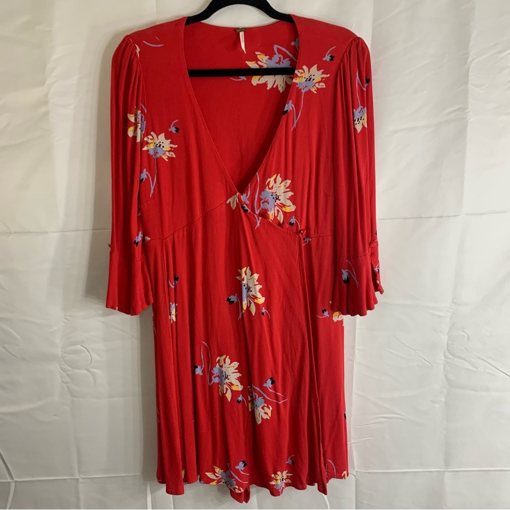 Free People Time On My Side Red Floral Wrap Mini Dress, size M - Picture 14 of 14